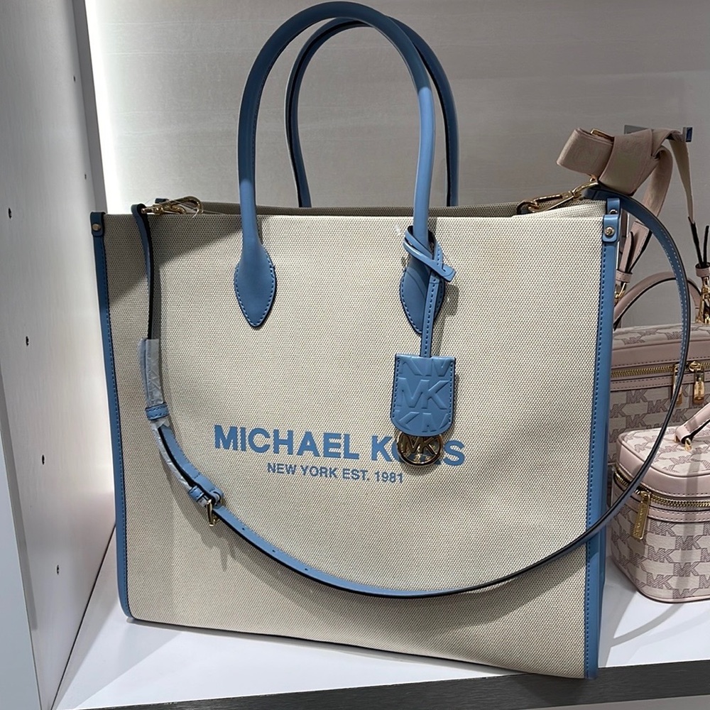 Michael Kors Mirella Large NS Logo Jacquard Tote Crossbody Bag Chambray Blue